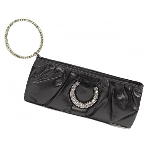 Evening Bag - Shiny Leather-Like Pleated w/ Crystal Accent Ring – Black – BG-90373B